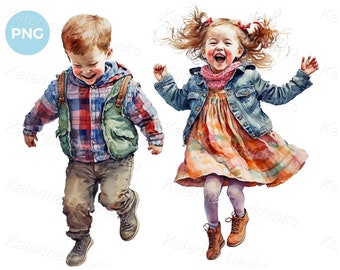 PNG-clipart voor kinderen. Jongen en meisje springen van vreugde, grappige kinderen clipart, herfstkleding, aquarel illustratie, digitale download