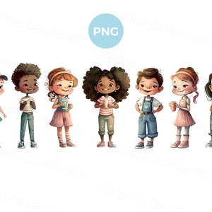 Conjunto de imágenes prediseñadas PNG de niños felices de dibujos animados. Niñas sosteniendo tazas. Niños con ropa informal de verano de pie en fila. Ilustración de acuarela