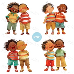 Clipart de niños felices de dibujos animados. Retrato de dos amigos multinacionales abrazándose y riendo. Clipart PNG aislado de chicos lindos de pie juntos.