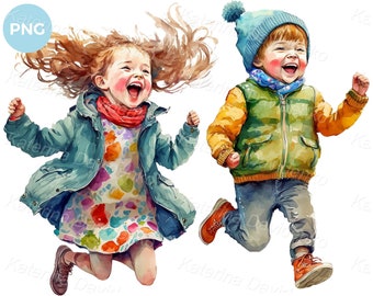 PNG-clipart voor kinderen. Blije kinderen in herfstkleren springen van vreugde, lachende vrienden, afdrukbare aquarel