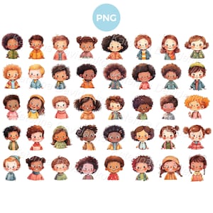 Set of happy cartoon kids faces clipart, multinational children PNG clipart set, little boys and girls, cute cartoon characters