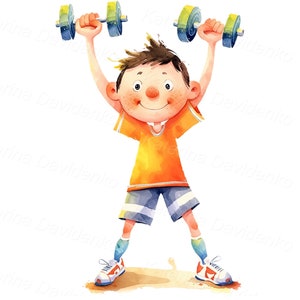May include: A cartoon illustration of a boy in a yellow shirt and blue shorts lifting two green and blue dumbbells above his head.