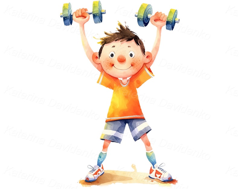 May include: A cartoon illustration of a boy in a yellow shirt and blue shorts lifting two green and blue dumbbells above his head.