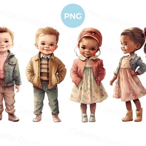 Cute cartoon children standing in a row in different poses, little kids in casual clothes, boys and girls PNG clipart set