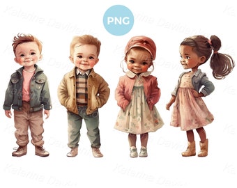 Cute cartoon children standing in a row in different poses, little kids in casual clothes, boys and girls PNG clipart set