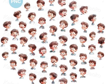 Cartoon kid with different emotions, boy face expressions. PNG watercolor illustrations. Kids emotions clipart, boy face for kids book