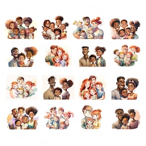 Set di clipart di famiglia felice in stile cartoon. Ritratti di genitori con figli.