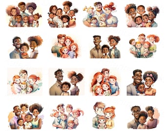 Set of cartoon happy family clipart. Portraits of parents with kids