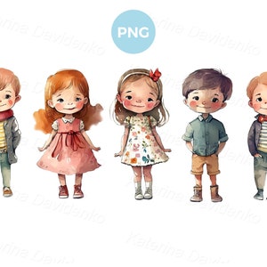 Grappige cartoon kleine kinderen in verschillende vrijetijdskleding, kinderen png-clipart, jongens en meisjes, kinderen aquarel clipart, digitale download