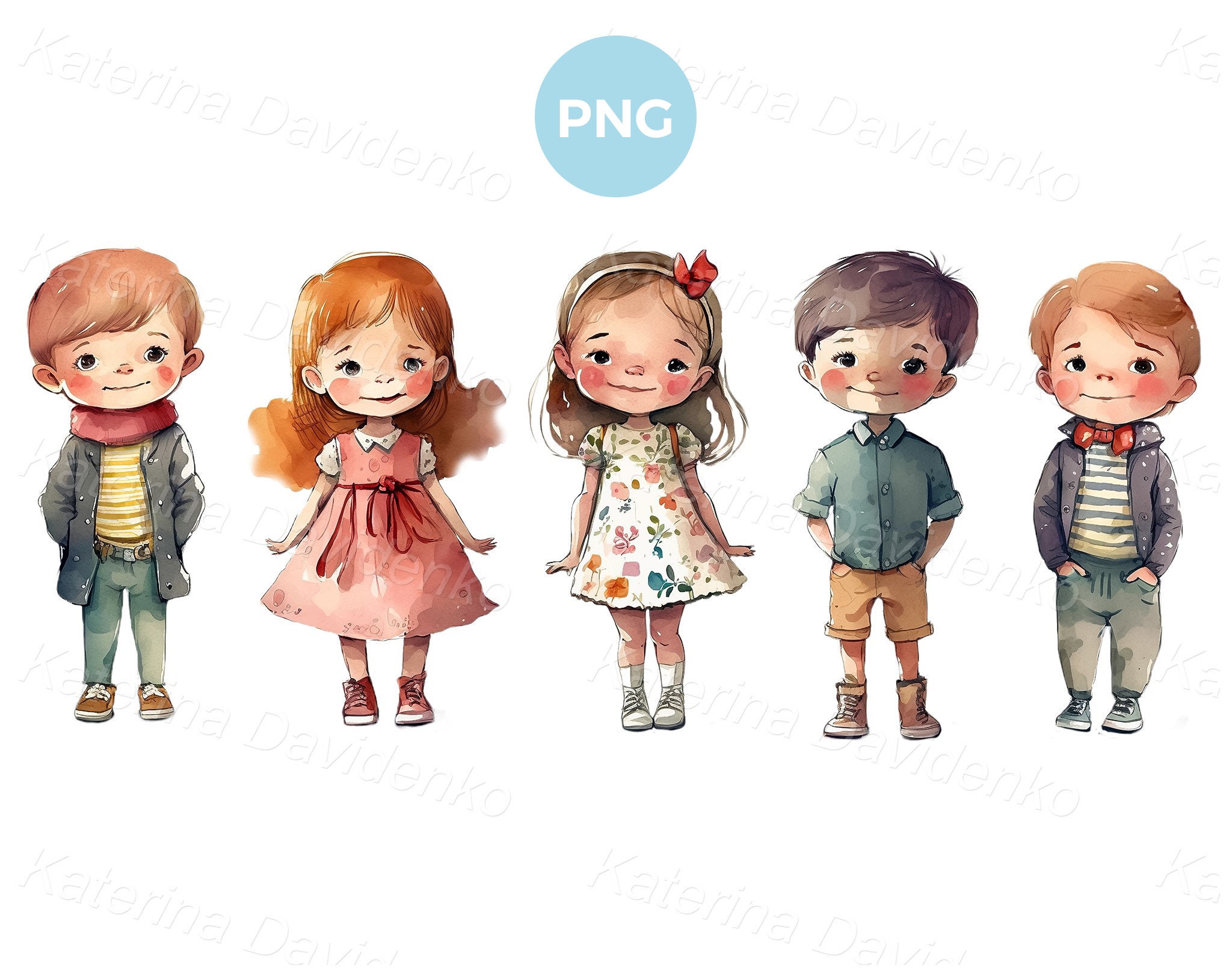 Funny cartoon little kids in different casual clothes, children PNG  clipart, boys and girls, children watercolor clipart, digital download, image size:2048x1624
