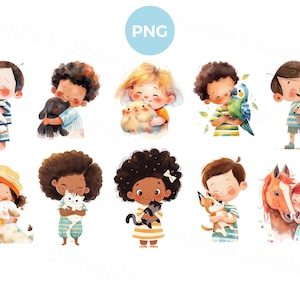 Cartoon happy kids with pets. Portraits of cute children with home animals png clipart. Watercolor little kids hugging animals