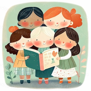 Cartoon kids with book. Group of cute little girls reading a book outdoors. Illustration for children&#39;s book. Schook kids reading a book