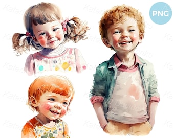 Set of PNG portraits of little smiling kids, girls and boy. Preschooler watercolor kids clipart. Digital download. Cute children face