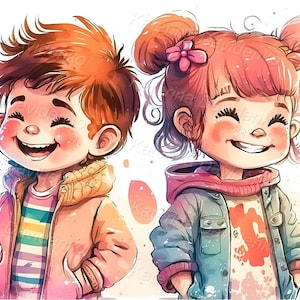 Pintura de acuarela de niños pequeños felices riendo, niño y niña, niños de dibujos animados, descarga digital.