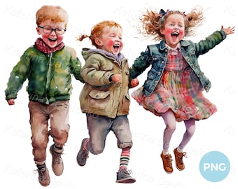 Schattige kinderen springen van vreugde, gelukkige kinderen clipart, geïsoleerde png-waterverfillustratie, digitale download