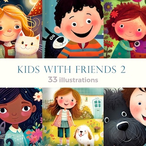 Desenhos animados de crianças felizes com seus amigos como animais de estimação, ovelhas, monstros coloridos fofos e brinquedos. Coleção de ilustrações para livro infantil