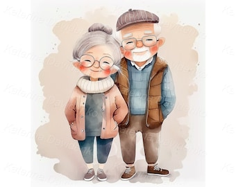 Set di 3 coppie anziane felici. Illustrazione del fumetto dei nonni in stile acquerello. Carino nonno e nonna in piedi insieme