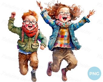 Twee gelukkige kinderen met een bril, springen van vreugde, jongen en meisje, geïsoleerde afbeelding, afdrukbaar aquarel png Kinderclipart