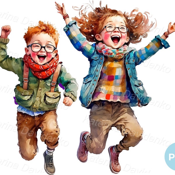 Two happy kids wearing glasses, jumping with joy, boy and girl PNG clipart, isolated image, printable watercolor painting. Kids clipart