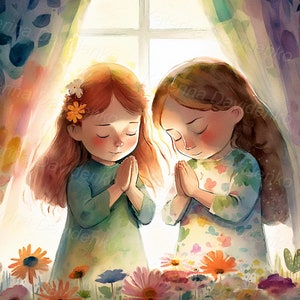 Kids praying together clipart. Two little cartoon girls praying together. Watercolor illustration