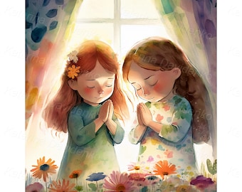 Praying clipart. Two little girls praying together. Watercolor illustration