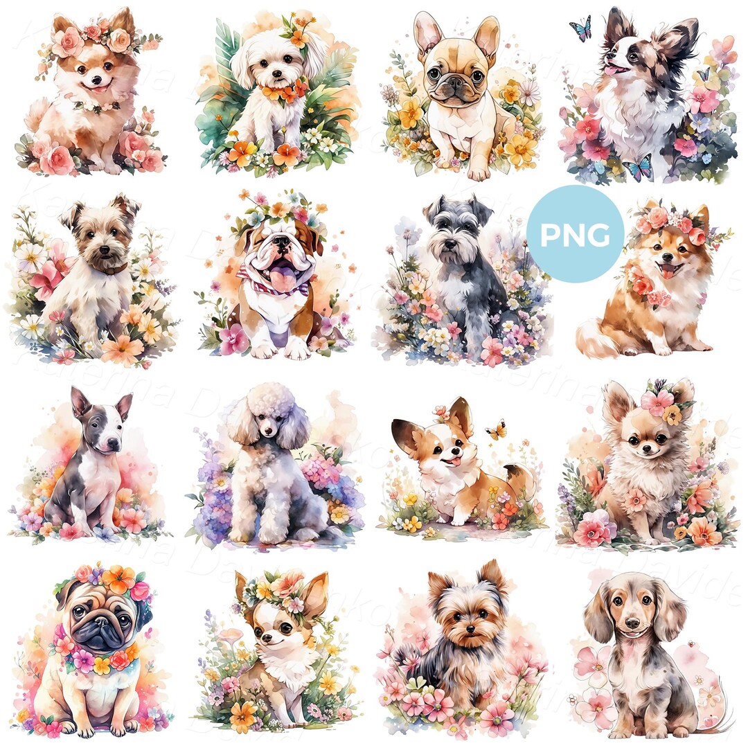 Watercolor Dog Clipart, Cute Puppy Portraits With Flowers PNG - Etsy