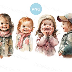Conjunto de caras felices y risueñas de lindos bebés, niños y niñas, clipart PNG de dibujos animados de acuarela, emociones de niños, descarga digital