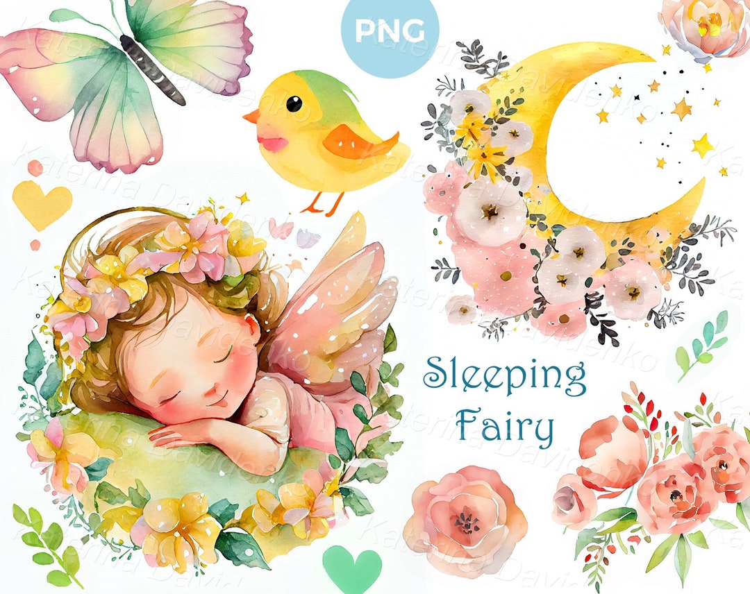 Sleeping Little Fairy Clipart Set. Cute Watercolor Pictures of Fairy ...