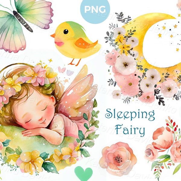 Sleeping little fairy clipart set. Cute watercolor pictures of fairy tale children drawing. Cartoon fairy png