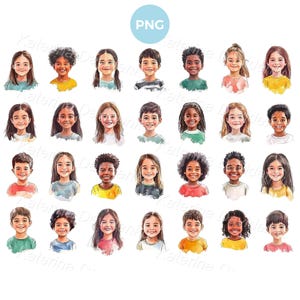 Collection of realistic kids PNG clipart, happy children faces. Isolated characters, watercolor style. Happy kids clipart digital download