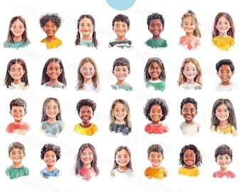 Collection of realistic kids PNG clipart, happy children faces. Isolated characters, watercolor style. Happy kids clipart digital download