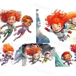 Conjunto de pintura em aquarela para download digital com garota super-heroína voadora. Personagens fofos de desenho animado. Meninos e meninas em traje espacial, clipart infantil.
