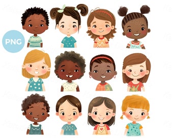 Cute children faces collection, cartoon happy kids clipart, smiling boys and girls PNG illustration set, multiethnic characters