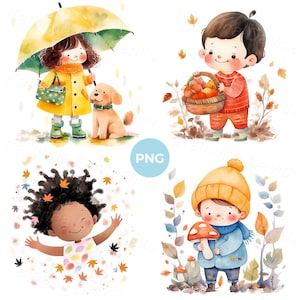 Imágenes prediseñadas de dibujos animados de niños pequeños al aire libre, clima otoñal, actividades infantiles de temporada PNG clipart. Conjunto de ilustraciones en acuarela.