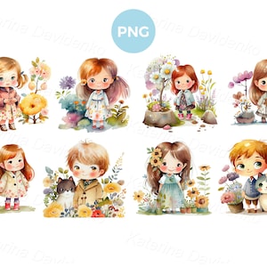 Niedliche Cartoon Kinder Cliparts. Kind, das draußen im Sommergarten mit blühenden Blumen spaziert. Lustige Jungen und Mädchen, Illustrationen in Aquarell