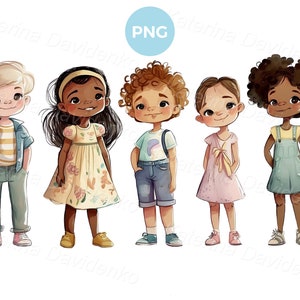Funny cartoon little multinational kids in different casual summer clothes standing in a row boys and girls children watercolor PNG clipart
