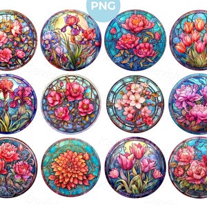 May include: A collection of twelve circular stained-glass designs featuring various floral arrangements. The designs showcase vibrant colors, including pink, red, orange, and purple flowers, set against a blue and teal background. Each design is unique, with different flower types.