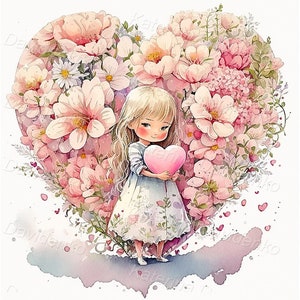 花のハートの背景にピンクのハートを持つかわいい漫画の女の子。水彩画。結婚式のカートの挨拶のデザイン