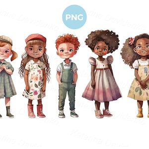 Set of cartoon little girls standing in a row. Watercolor children PNG clipart. Preschooler kids clipart