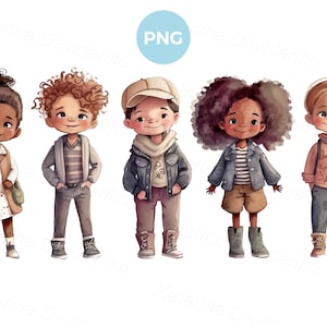 Smiling cartoon watercolor little kids in spring casual clothes standing in a row, children PNG clipart, boys and girls illustrations