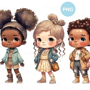 Set of three little girls of autumn or spring clothes, kids PNG clipart, instant download. Cartoon girls standing in a row. Children clipart