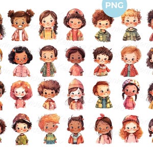 Cartoon kids clipart, transparent PNG isolated illustrations, cute little children, watercolour happy kids clipart, digital download