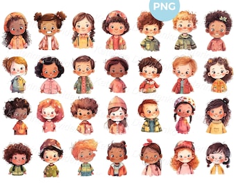 Cartoon kids clipart, transparent PNG isolated illustrations, cute little children, watercolour happy kids clipart, digital download