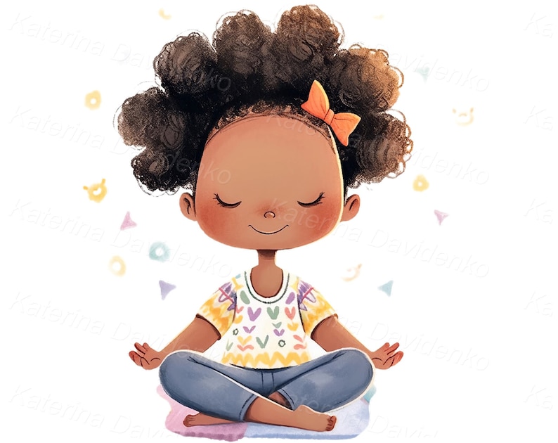 May include: A girl with curly brown hair wearing a yellow and blue shirt with a heart pattern and blue pants sits cross-legged with her eyes closed. She has a light orange bow in her hair. The girl is meditating with her hands in a relaxed position. There are colorful confetti shapes around her.