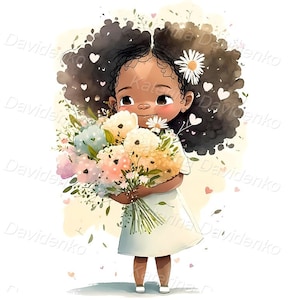 Aquarellmalerei eines afroamerikanischen Mädchens mit Blumenstrauß. Kinderzimmer Kunst, Design für Grußkarte, digitaler Download