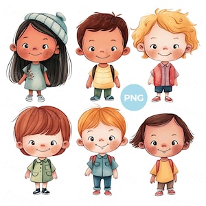 Cartoon kindergarten kids clipart set. Happy children clipart, preschooler girls and boys full height digital download kids clipart
