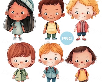 Cartoon kindergarten kids clipart set. Happy children clipart, preschooler girls and boys full height digital download kids clipart
