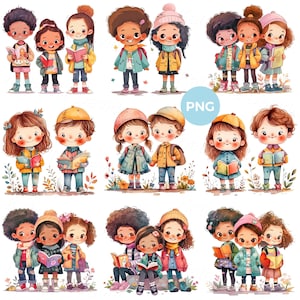 Niños de la escuela con libros en acuarela. Imágenes prediseñadas de niños. Niños con mochilas. Imágenes prediseñadas de niños multiétnicos al aire libre