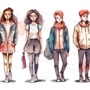 Aquarel tieners clipart, jongens en meisjes. Cartoon jonge mensen staan op een rij in vrijetijdskleding. Tieners clipart