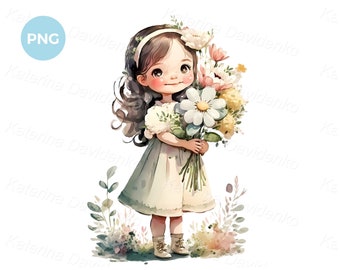 Cute little girl with a bouquet of flowers. Printable watercolor painting, nursery art, design for greeting card, digital download PNG